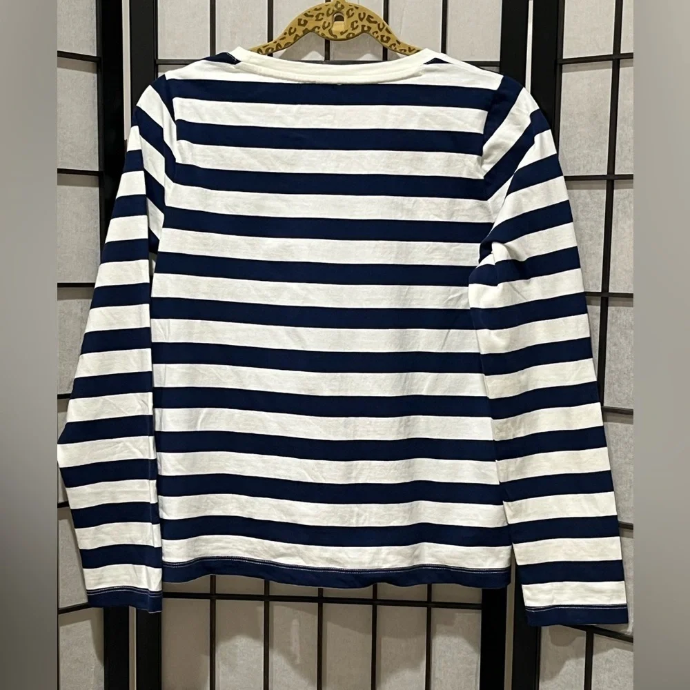 J. Crew Navy and White COASTAL Striped BUTTON SIDE TEE Top WOMEN SIZE M